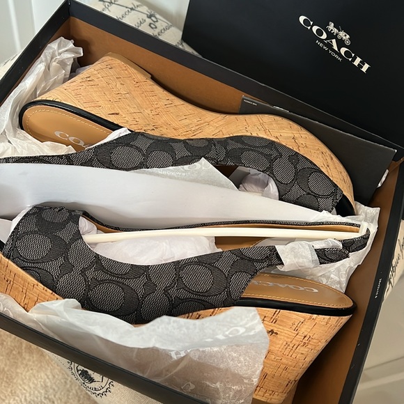 COACH Ferry Signature C Wedge Cork Heel. Jacquard Fabric.  Size 9.5 Black-Smoke - Picture 5 of 17